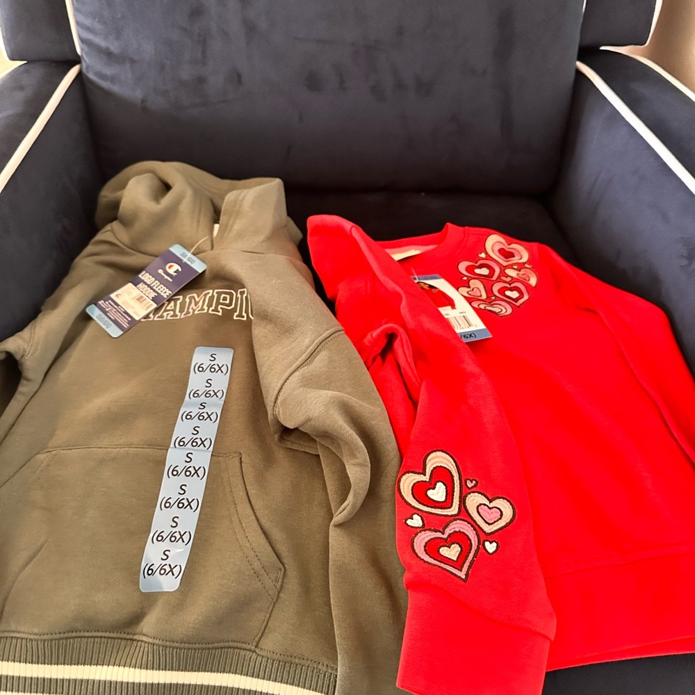 Champion Kids Olive Hoodie & Red Heart Sweatshirt